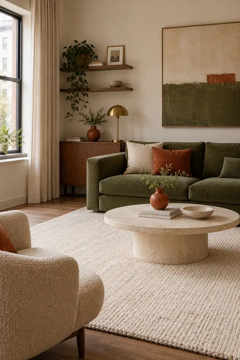 A large cream rug, olive sofa, and smaller rust accents repeat three colors in different proportions.