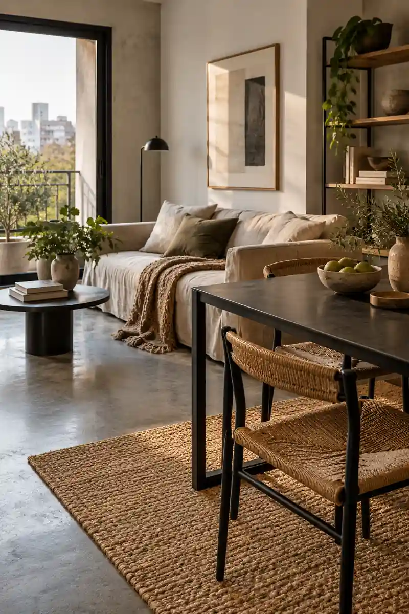 A woven rug and linen sofa soften a compact room with a concrete floor and black metal dining table.