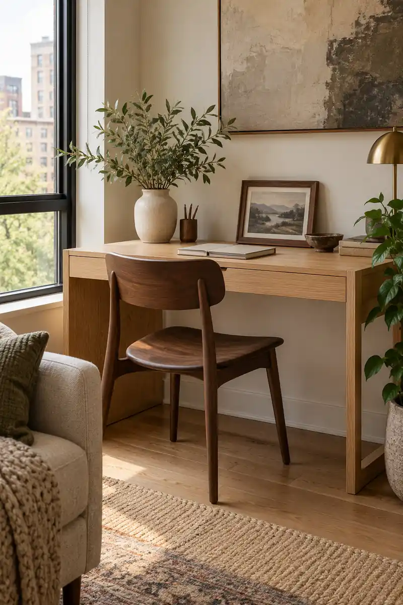 A pale oak desk is paired with a darker wooden chair and matching dark picture frame.