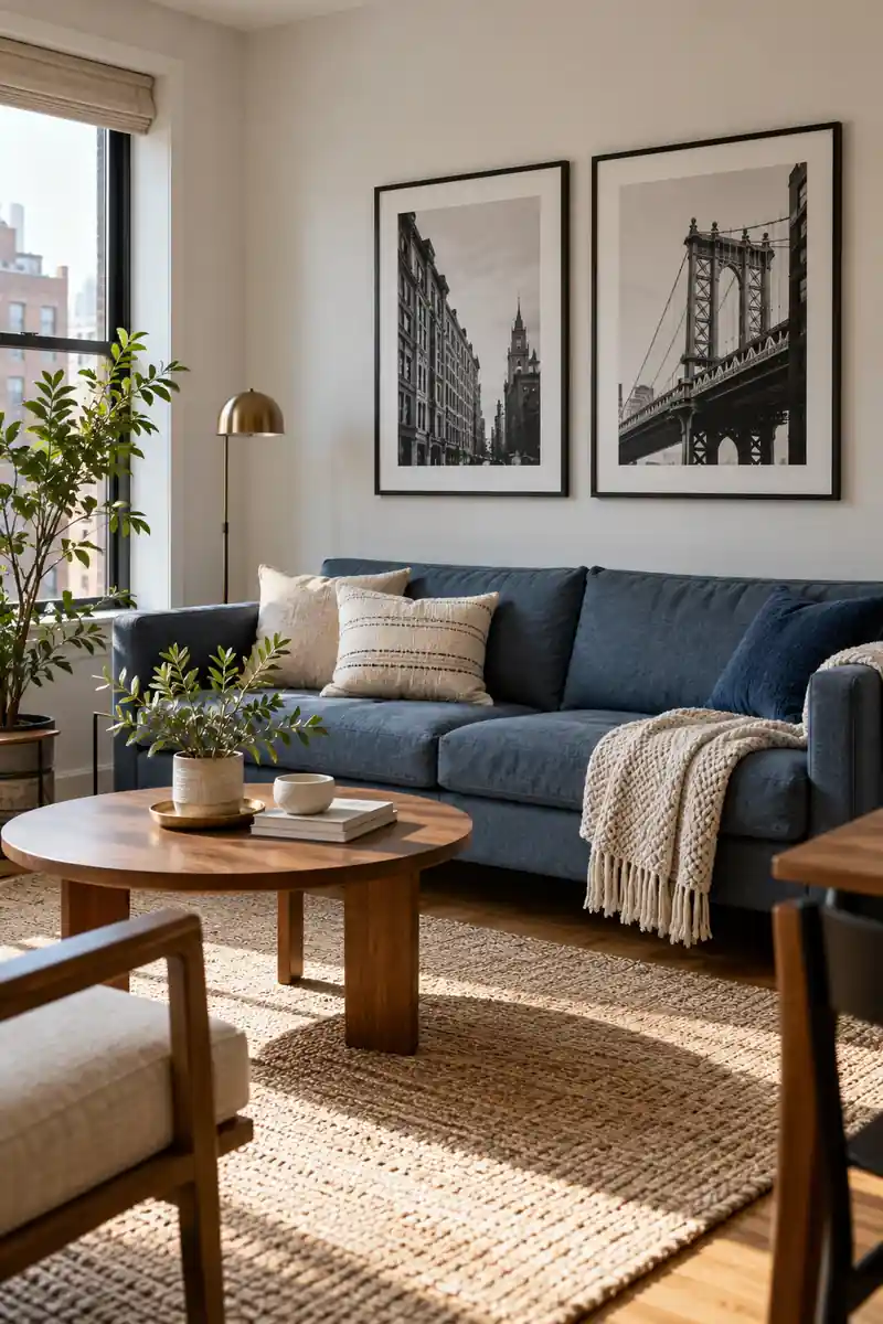 Two black-and-white architectural photographs hang above a muted blue sofa.