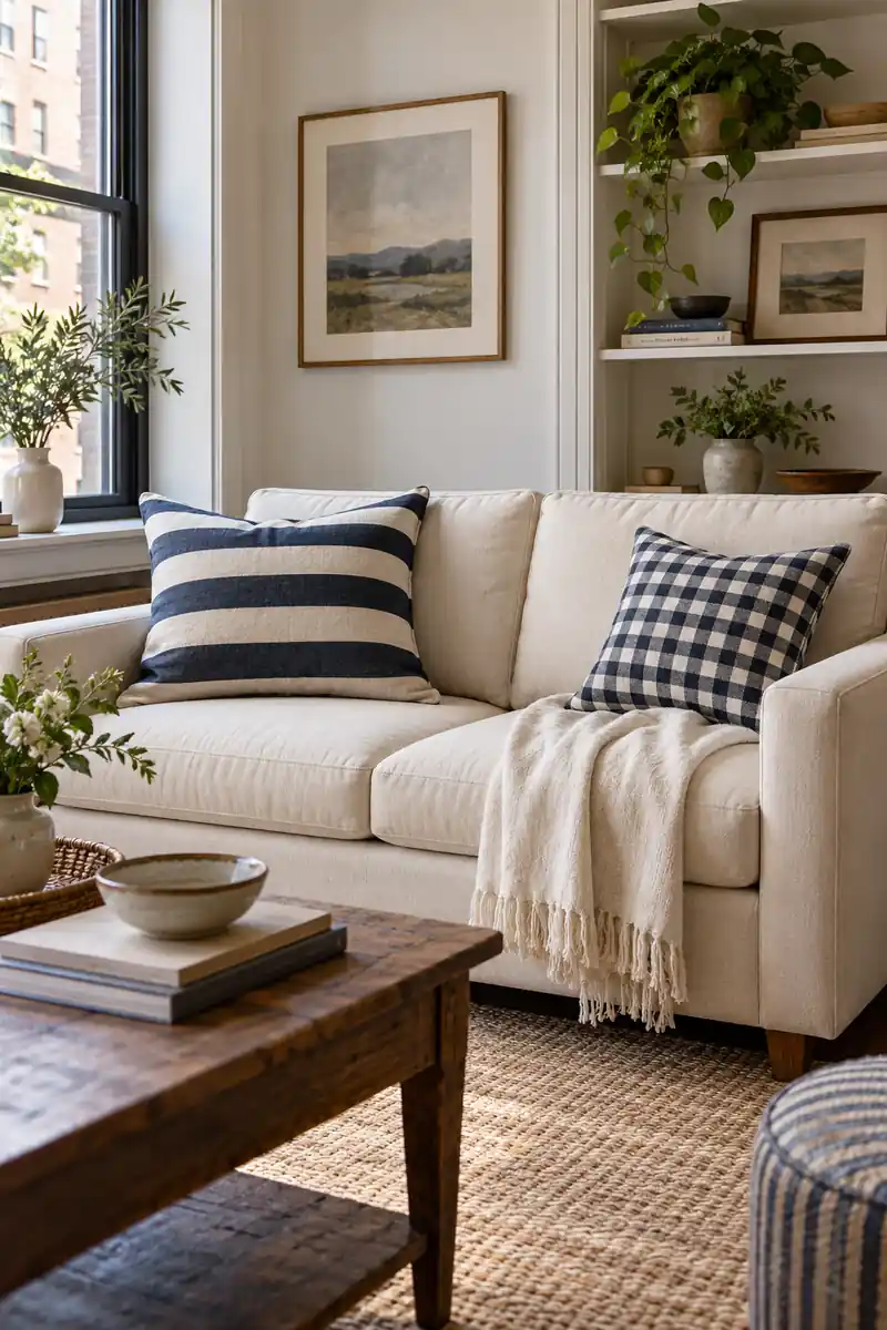 Broad striped and small checked cushions in navy and cream sit apart on a cream sofa.