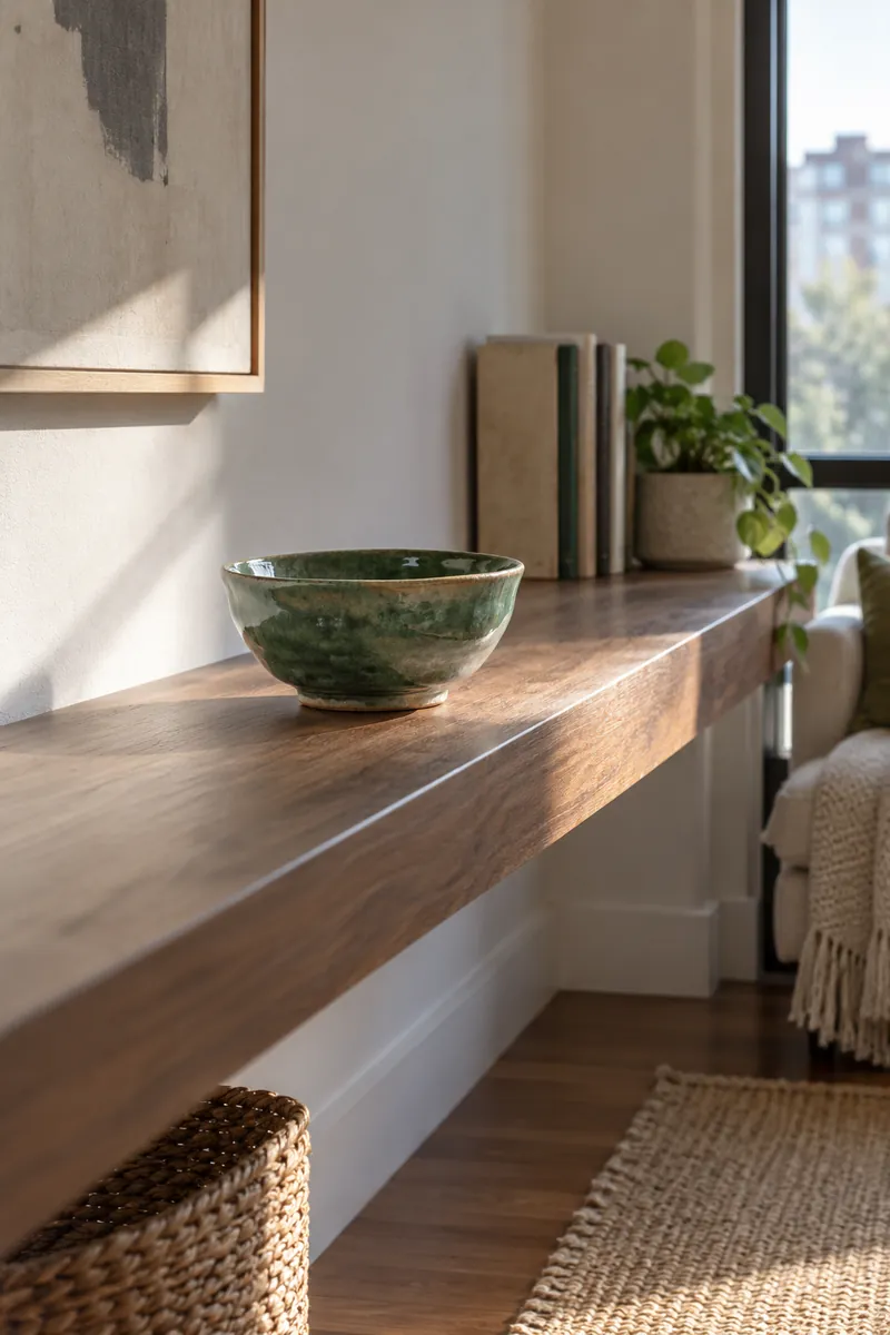 A green ceramic bowl has space around it on a wooden shelf, with books grouped at the far end.