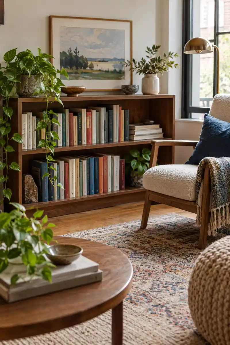 Upright books and horizontal stacks fill a low bookcase beside a cushioned reading chair.