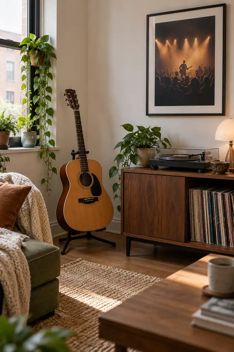 A guitar on a floor stand sits beside a record cabinet below a framed concert photograph.