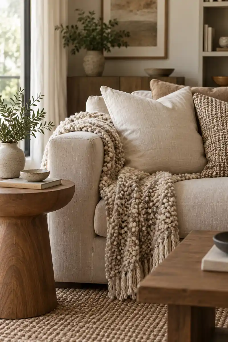 A linen cushion and chunky textured throw contrast with the smooth wooden table beside a cream sofa.