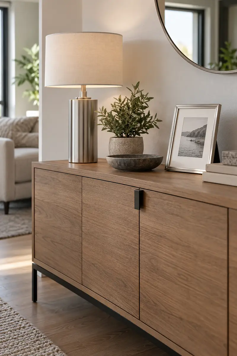 A silver lamp and picture frame repeat one metal finish on a wooden sideboard with black hardware.