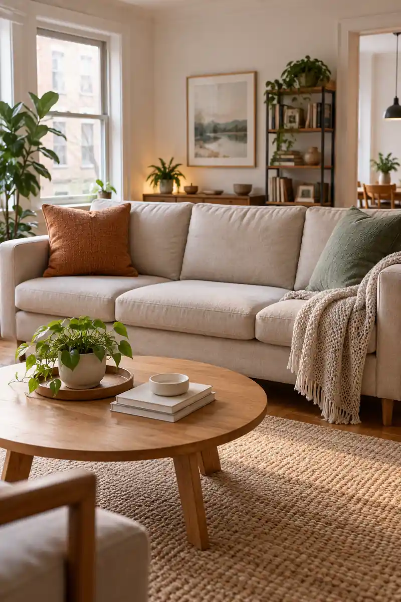 Two cushions and a throw sit at the ends of a cream sofa, leaving the middle seating area clear.