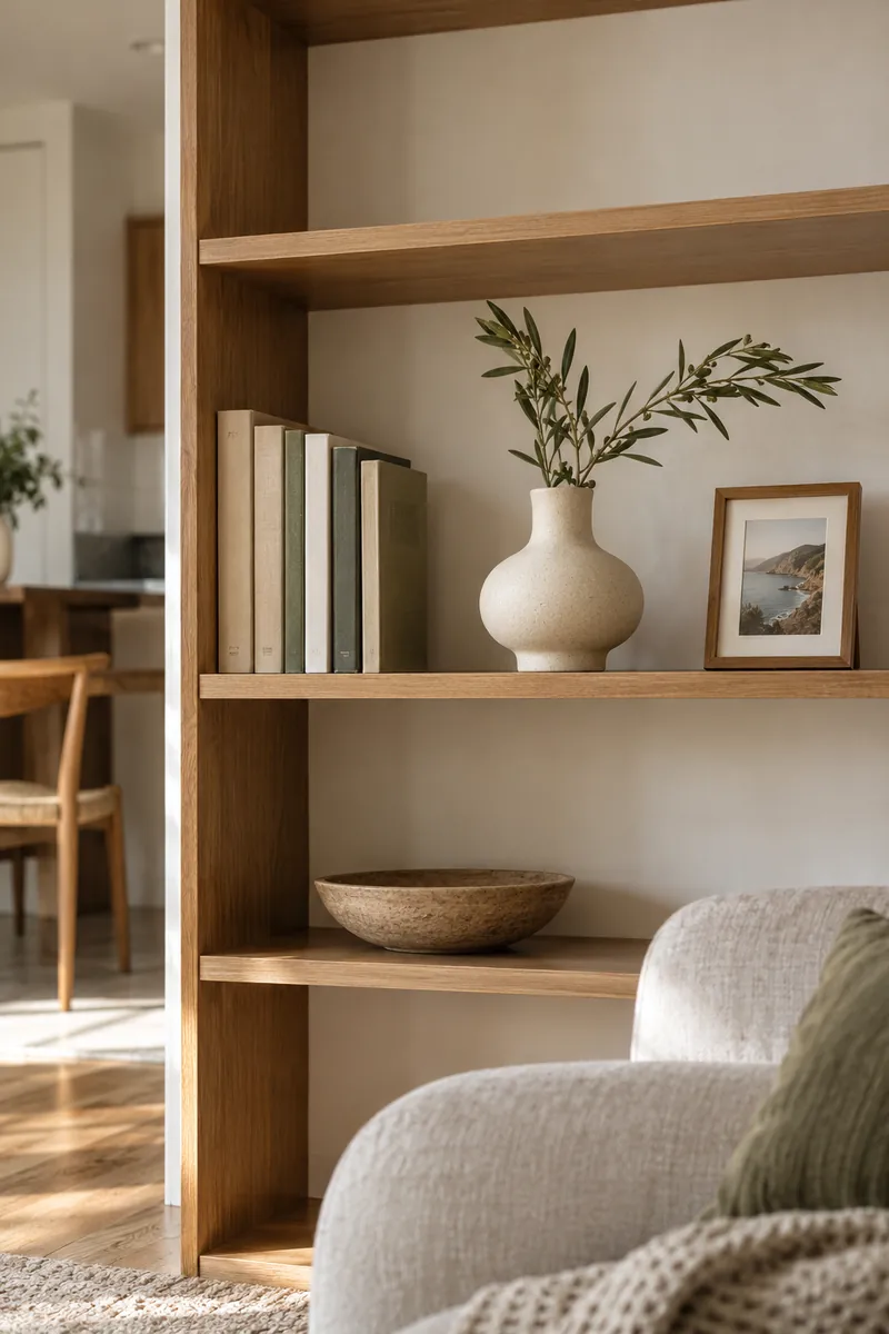 Books, a sculptural ceramic vase, and a small framed photograph form separate groups on an oak shelf.