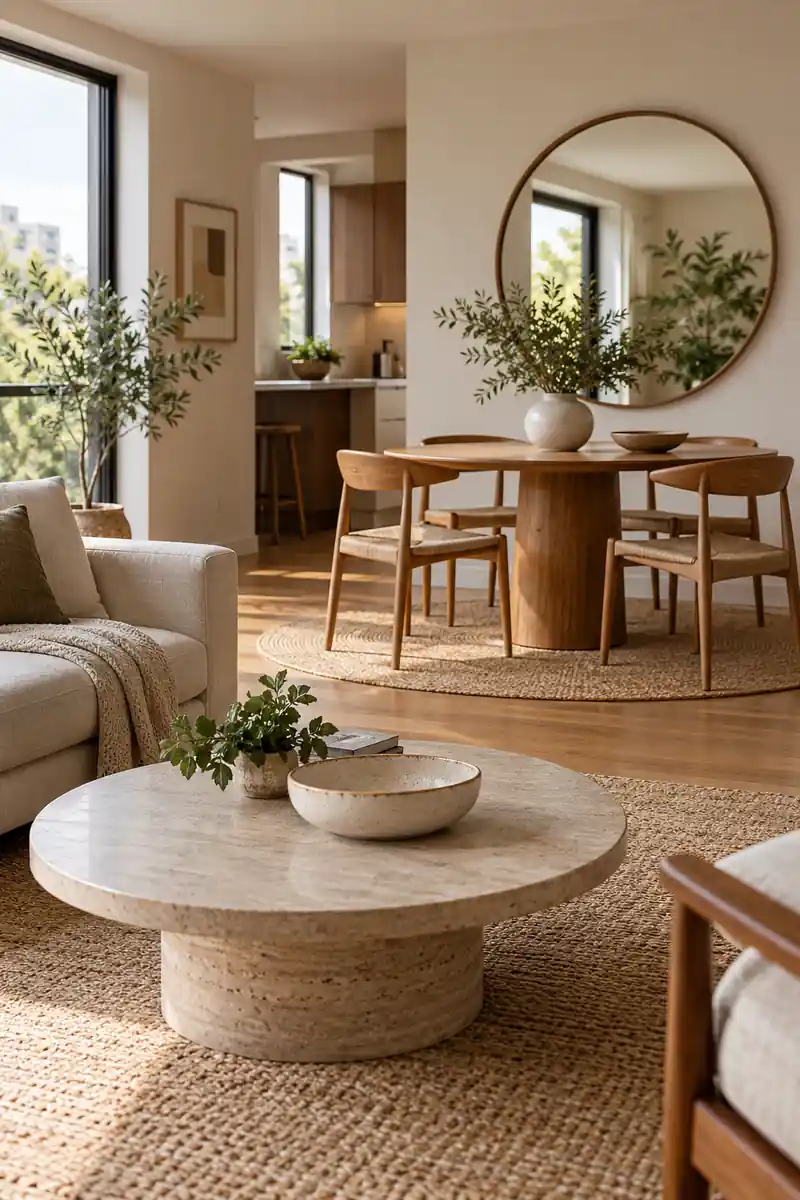 Round shapes repeat in a dining table, wall mirror, coffee table, and ceramic bowls.