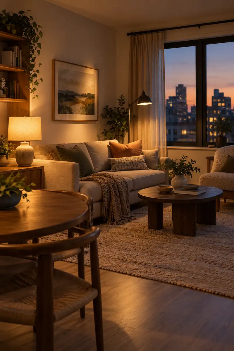 A shaded table lamp and a separate reading lamp warm a small apartment living area at dusk.