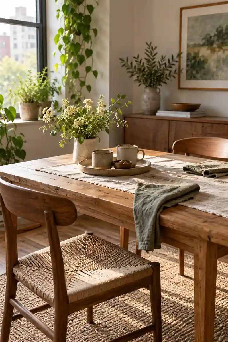 Ceramic mugs on a tray and linen napkins style a wooden dining table for everyday use.