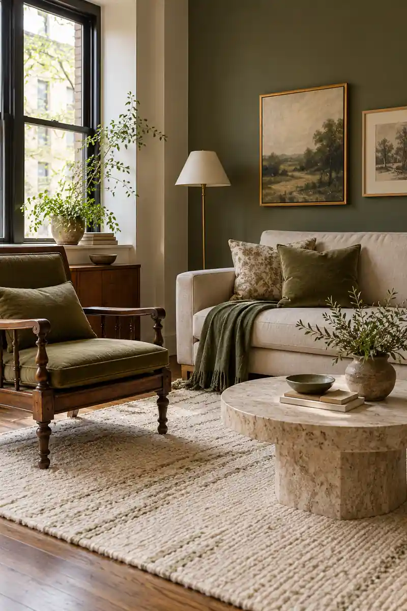 An antique-style wooden armchair and contemporary cream sofa share olive textiles and a pale rug.