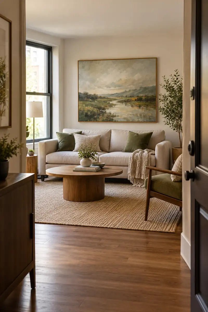 A clear view from an open entrance leads to a cream sofa and one large landscape painting.