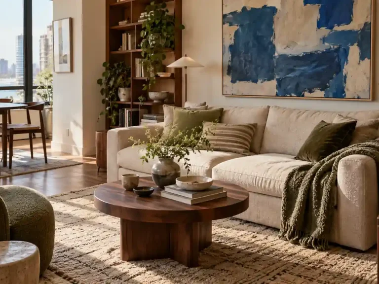 A cream sofa with olive cushions, a wooden coffee table, and large blue abstract art in a warmly styled apartment.