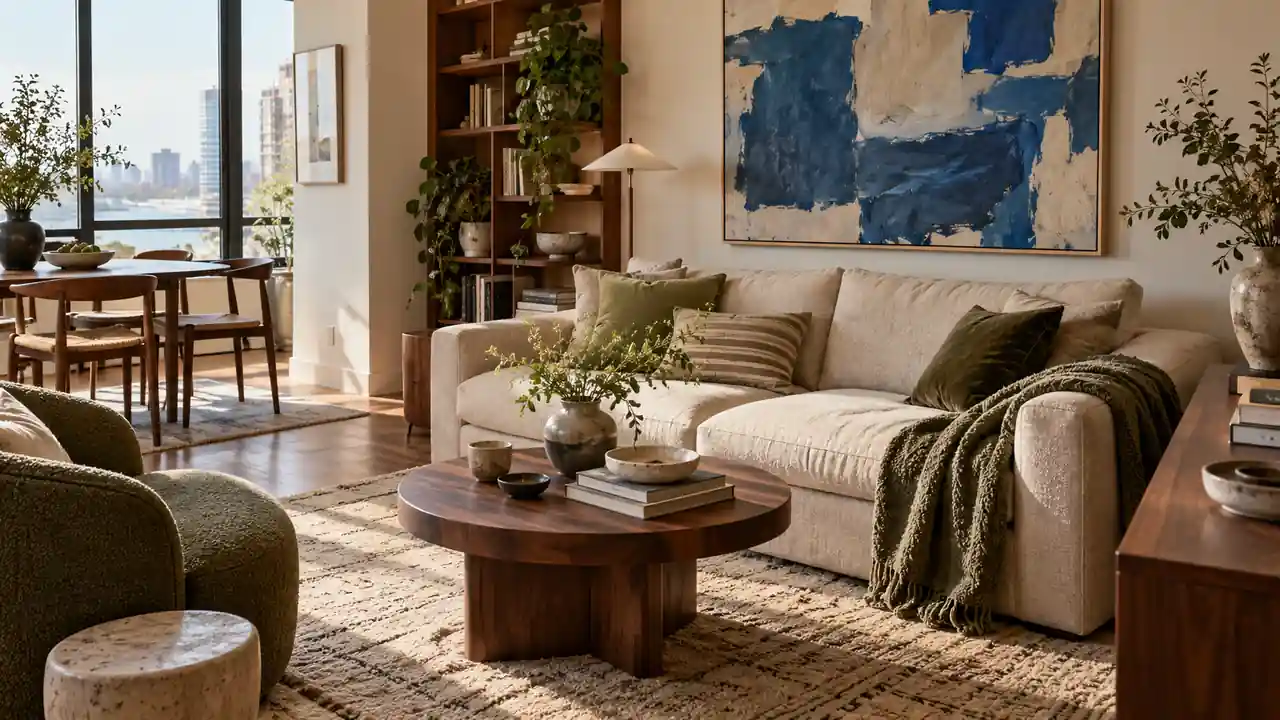 A cream sofa with olive cushions, a wooden coffee table, and large blue abstract art in a warmly styled apartment.