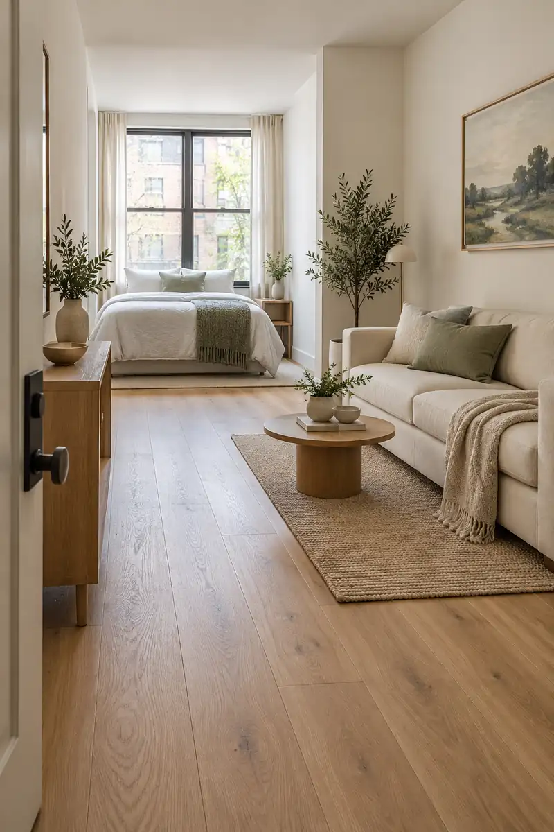 A clear wooden walkway leads from an open entrance past a cream sofa toward a sleeping alcove and bright window.
