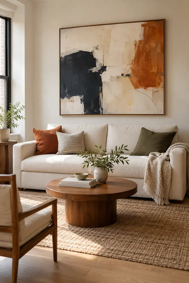 One large framed abstract painting creates a focal point above a cream sofa.