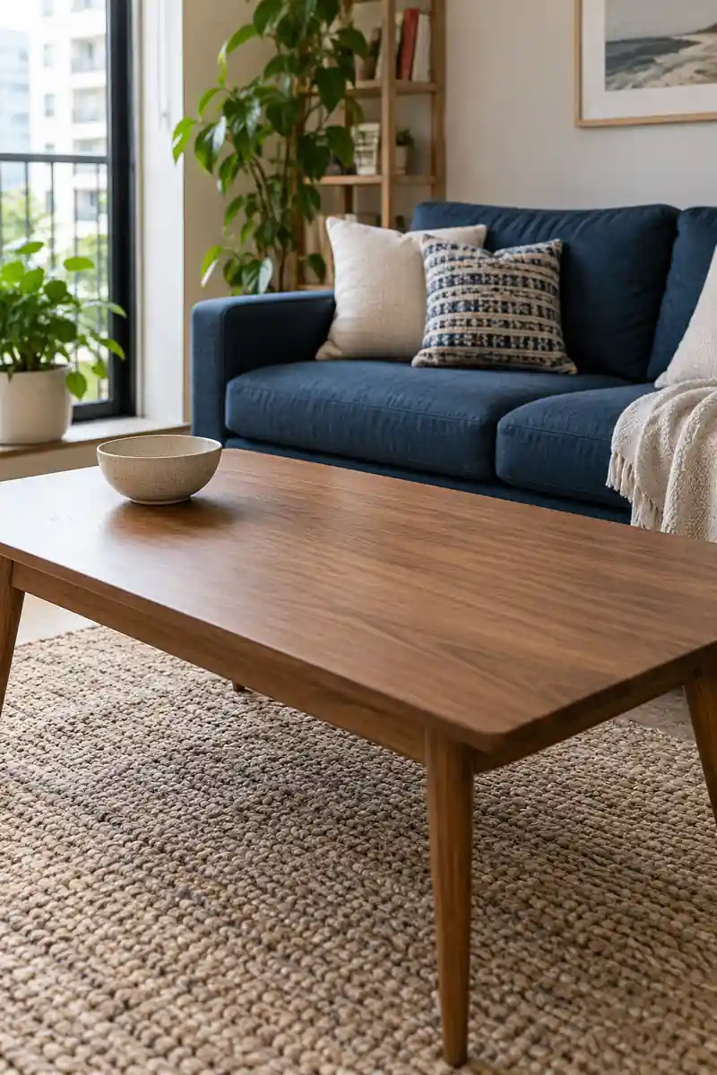 A single ceramic bowl sits at one end of a wooden coffee table, leaving the center clear.