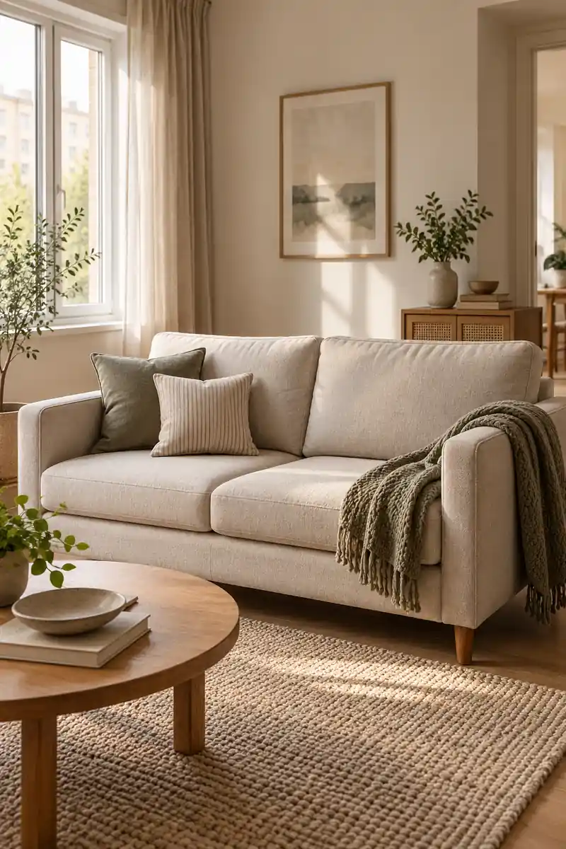 Two slim cushions and a throw sit on a compact cream sofa with open seating space.