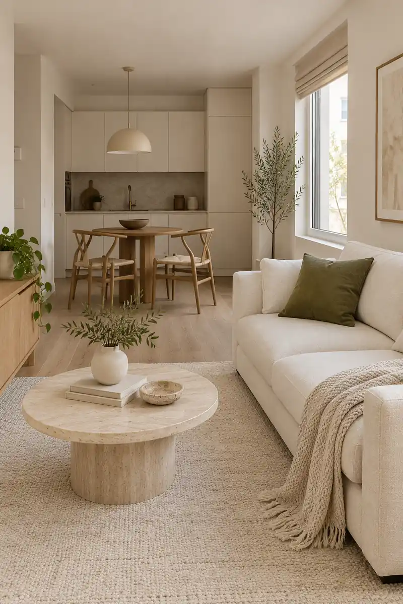 Warm white walls, a cream sofa, and a pale rug create a continuous palette with one olive cushion.
