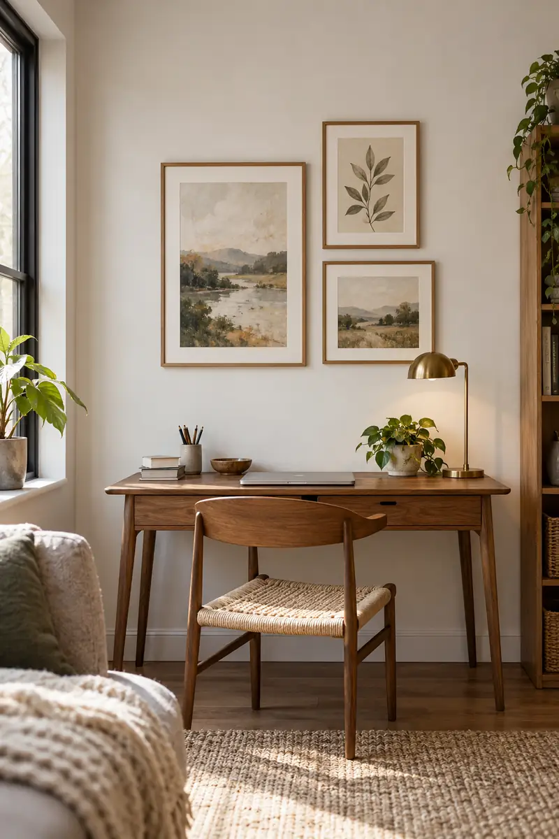 Three coordinated framed pictures form one group above a compact wooden desk.