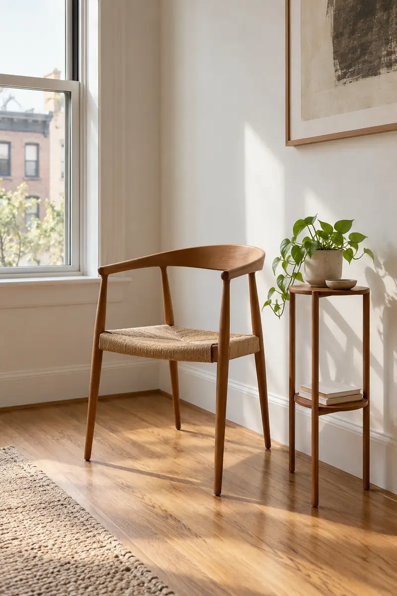 A slim wooden chair and narrow open side table leave the floor visible underneath.