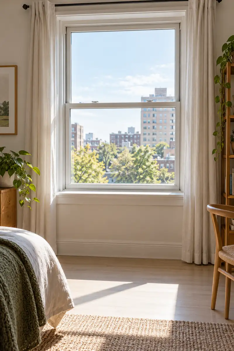 Curtains pulled to the sides expose a clear window sill and sunlit floor below.