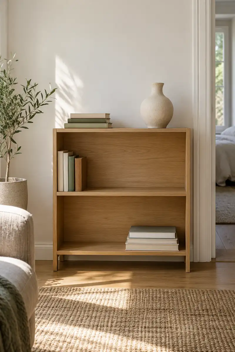 A small oak bookcase holds a few book groups and a ceramic vase with generous empty space.
