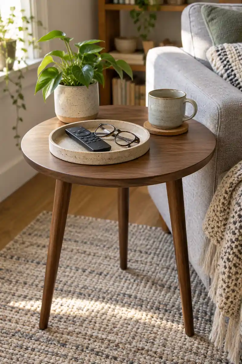 A shallow tray contains a remote and glasses on a round wooden side table.