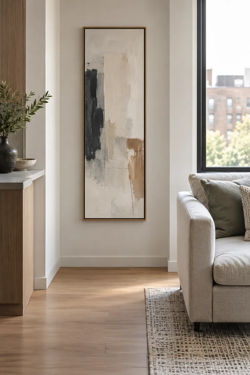 One tall narrow abstract artwork fills a slim wall section beside a sofa while leaving the floor clear.