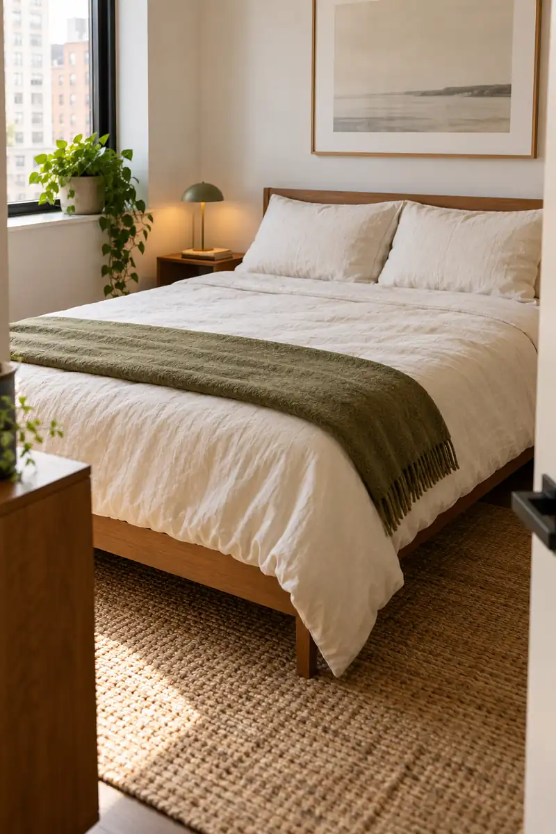 A bed is simply made with a cream duvet, two sleeping pillows, and one folded olive blanket.