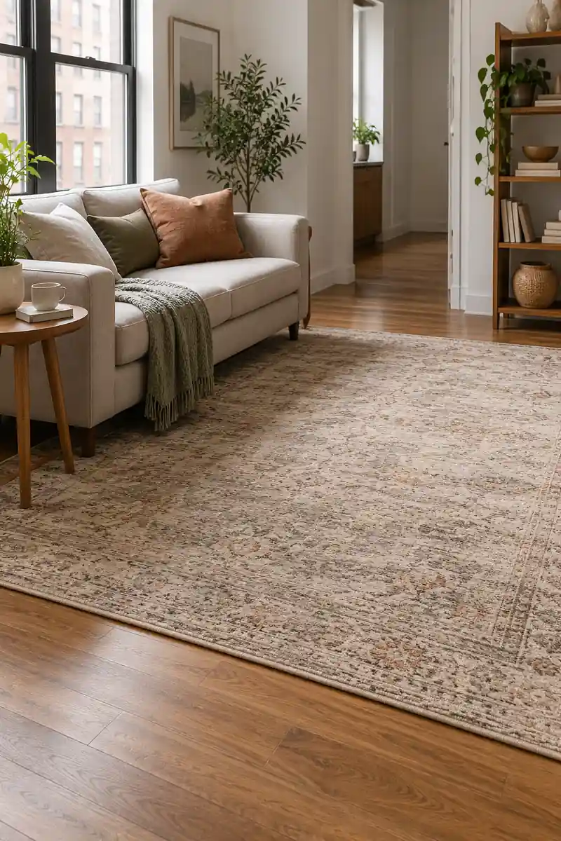 A sofa and small side table border an open patterned rug without a central coffee table.