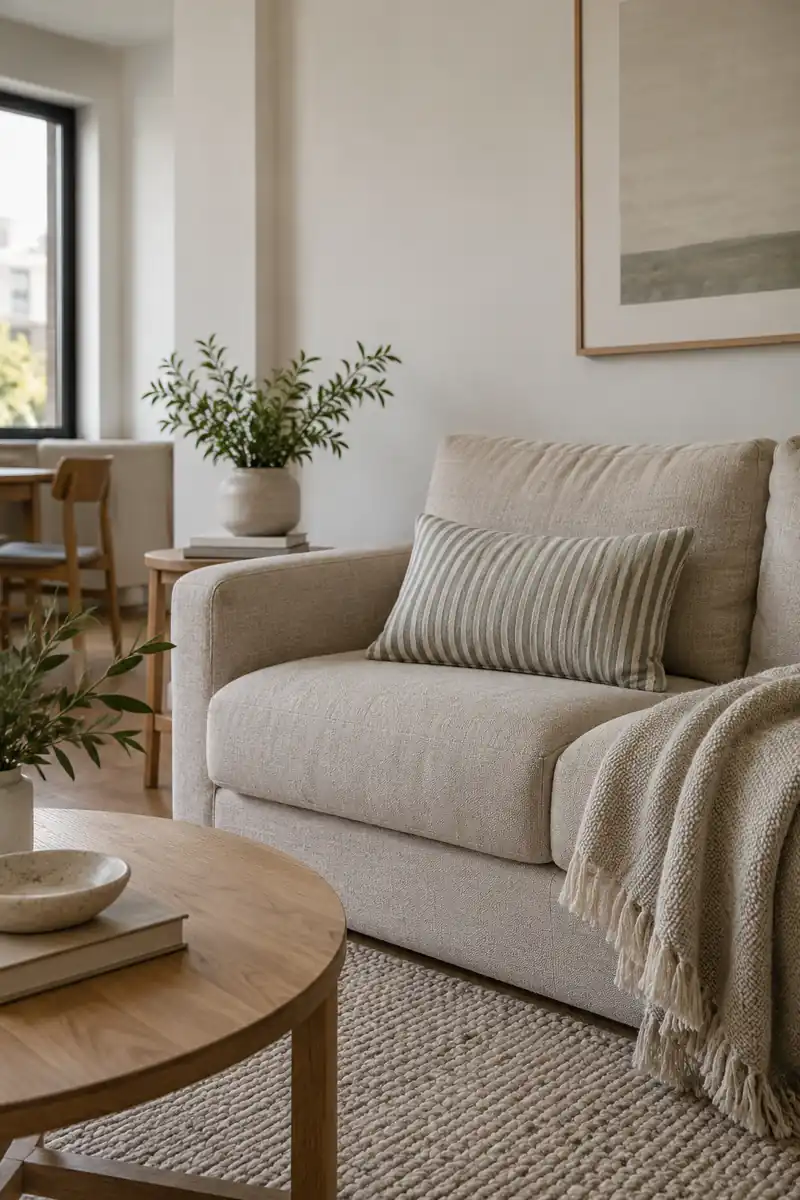A muted striped cushion and plain throw add restrained pattern and texture to a cream sofa.