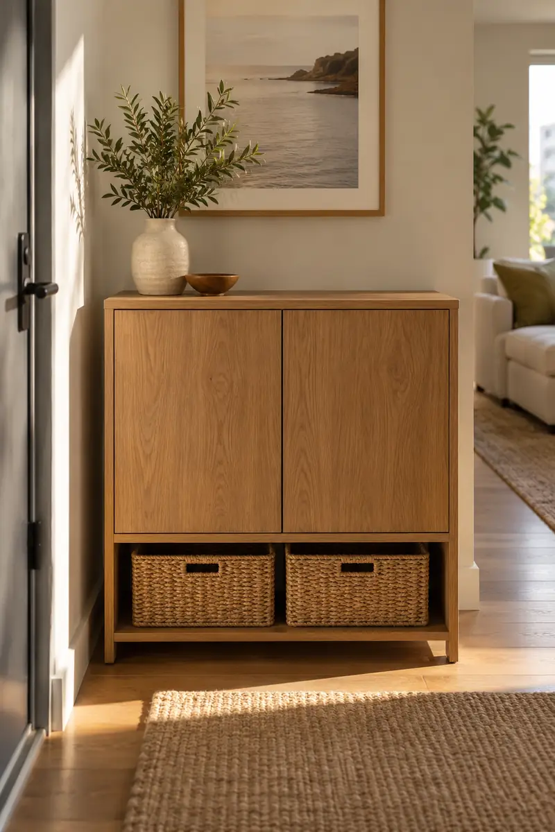 A closed wooden cabinet and two matching woven baskets create visually unified storage.