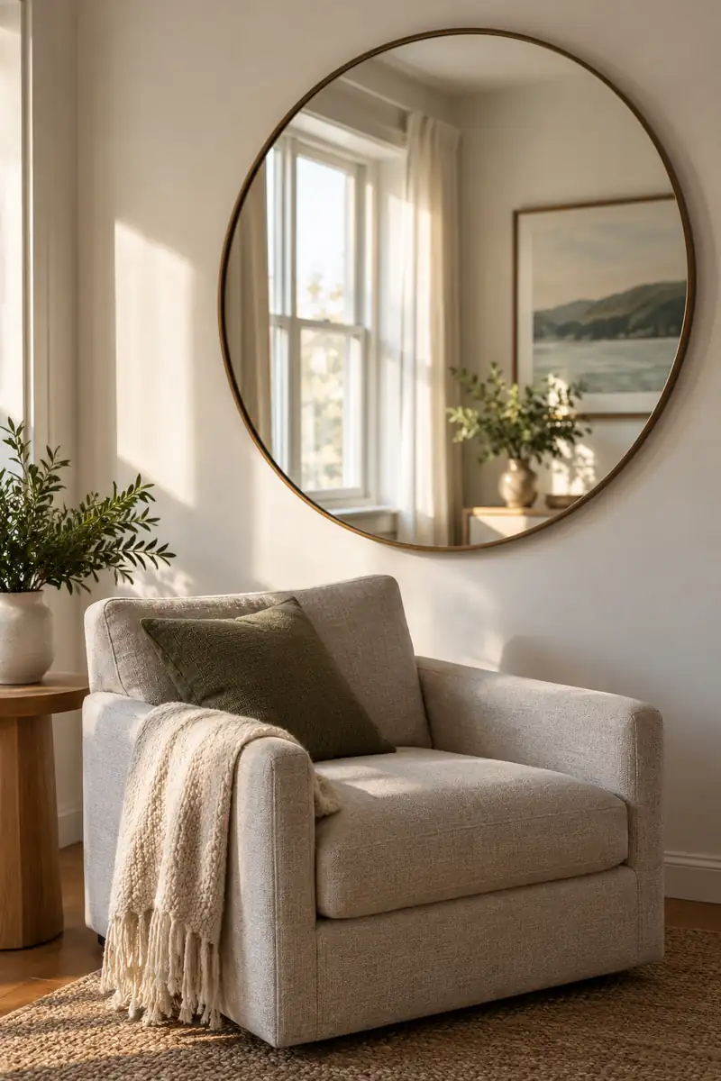A round wall mirror reflects a bright window and landscape art above a simple armchair.