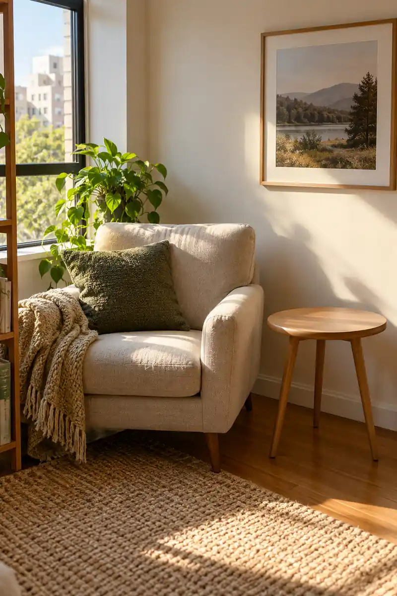 An empty wooden side table stands beside a comfortable chair in a sunlit corner.