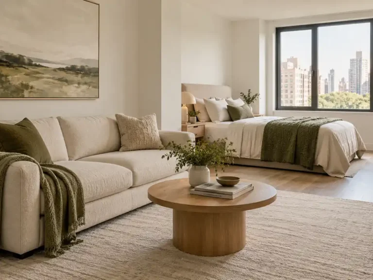 A compact studio uses cream upholstery, olive textiles, oak furniture, and clear floor space around a sofa and bed.