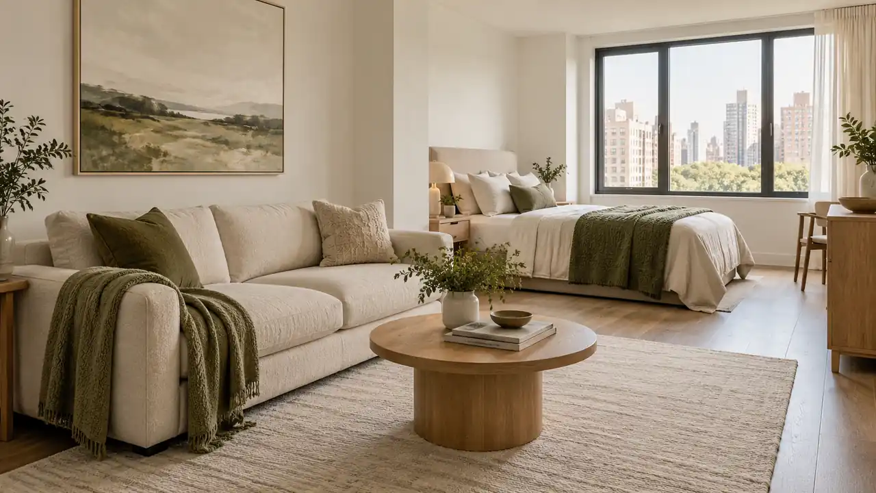 A compact studio uses cream upholstery, olive textiles, oak furniture, and clear floor space around a sofa and bed.