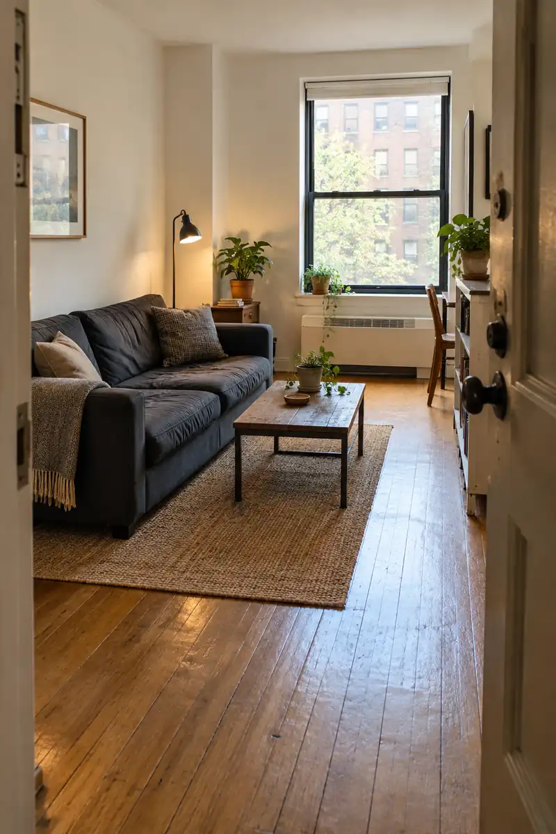 Open walkway beside a charcoal sofa in a modest studio apartment.