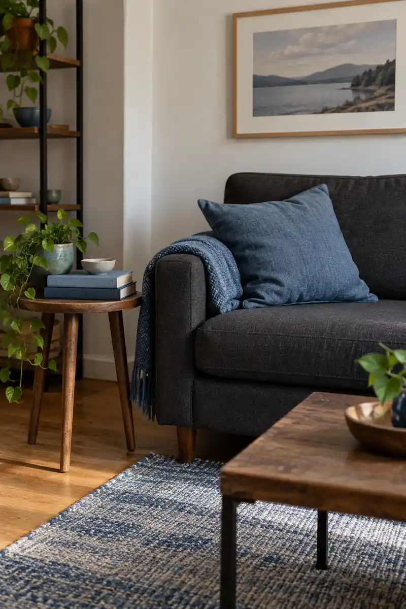 Blue books, a cushion, and a folded throw repeating one color around a compact sofa.