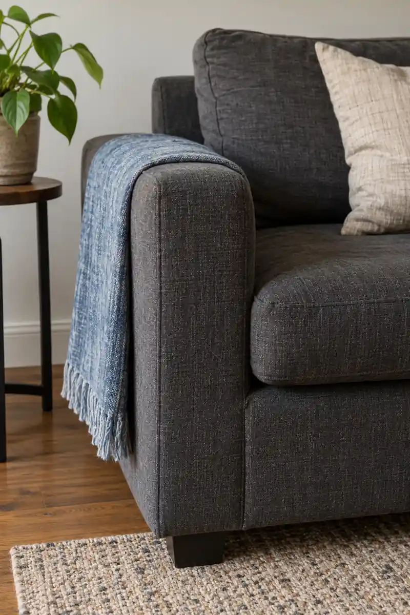 A faded blue cotton throw folded into a long band over one sofa arm.