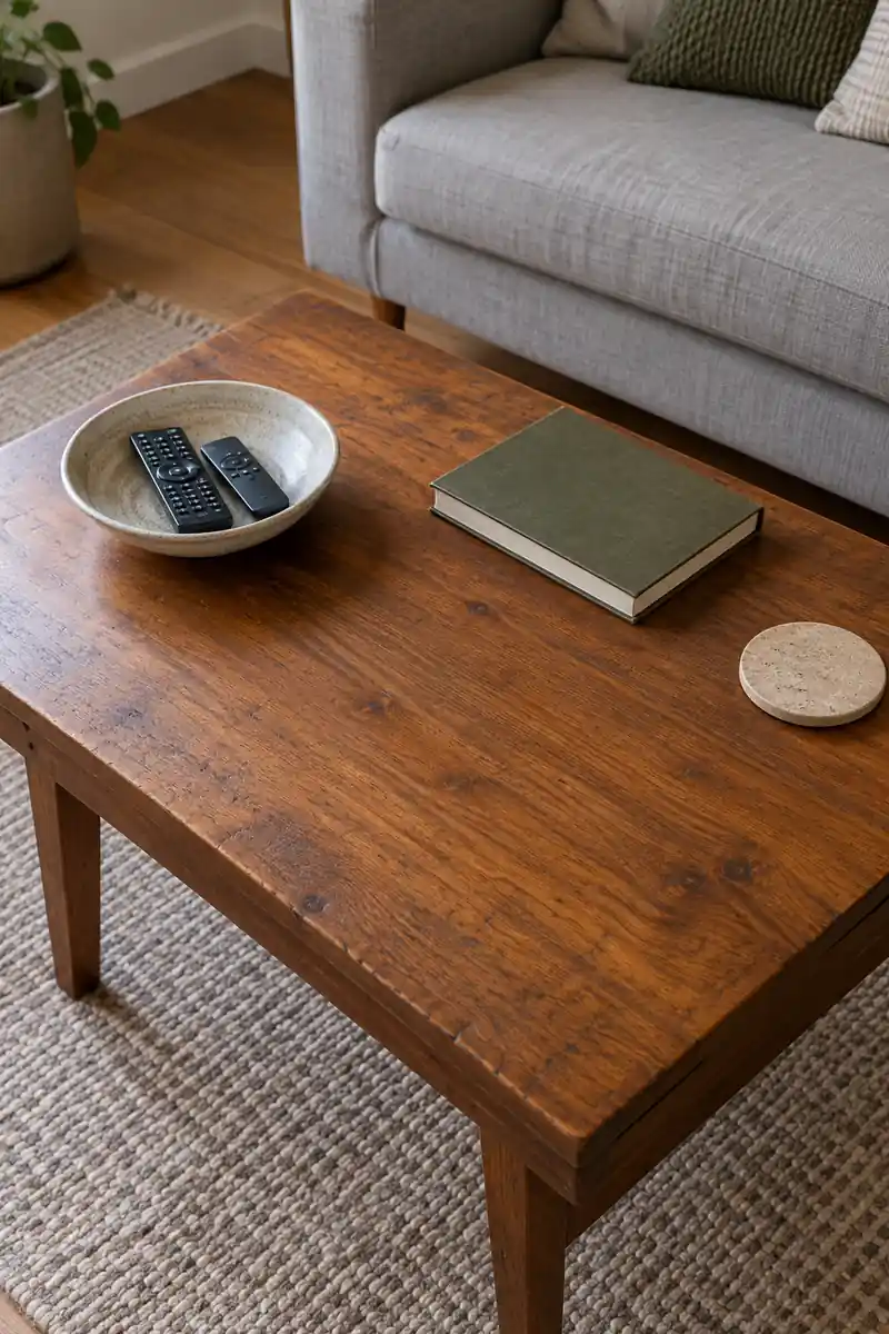 A wooden coffee table holding a reused shallow bowl, one book, and a drink coaster.