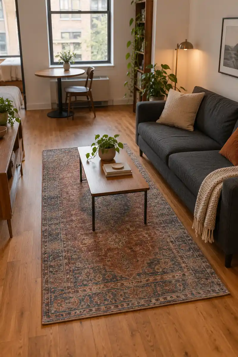 A small faded patterned rug centered along a compact sofa with a clear surrounding floor.