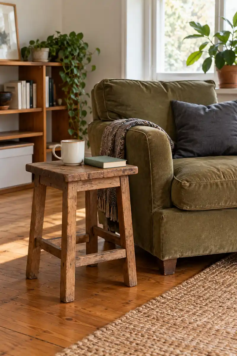 A plain wooden stool used as a side table beside a well-used armchair.