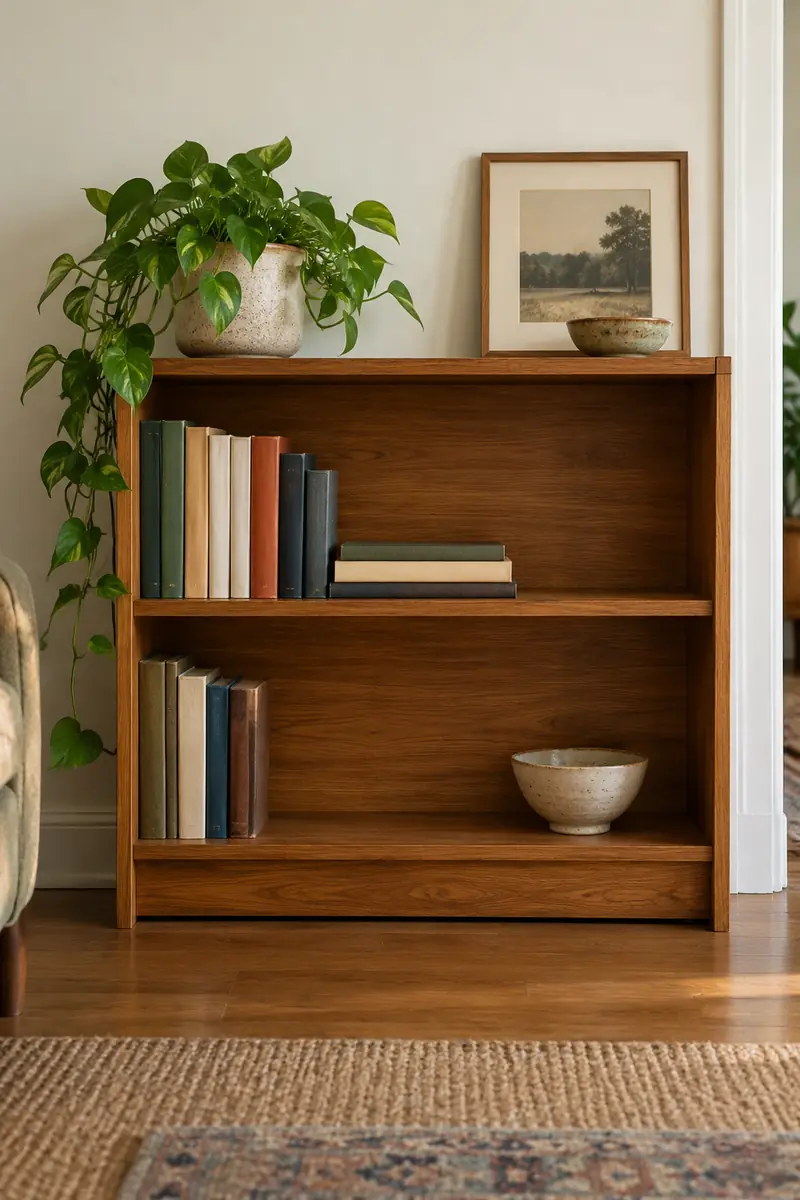 Low wooden bookcase with upright books, a short horizontal stack, and open shelf space.