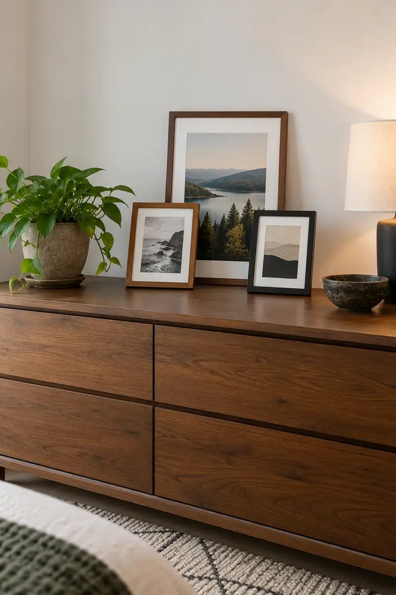 Three existing mismatched picture frames grouped on a low dresser.