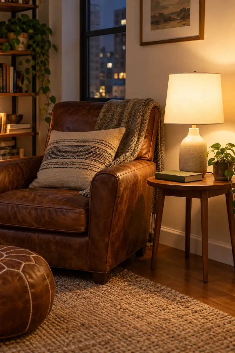 An existing table lamp on a side table beside a reading chair in a softly lit apartment.