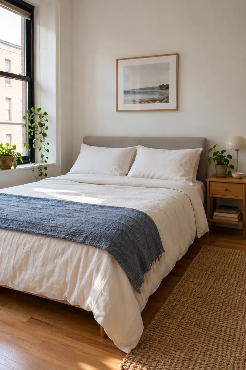 A neatly made studio bed with existing cream bedding and a blue blanket folded across the foot.