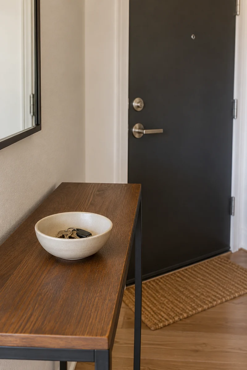 A small ceramic bowl holding keys on an uncluttered entry console.