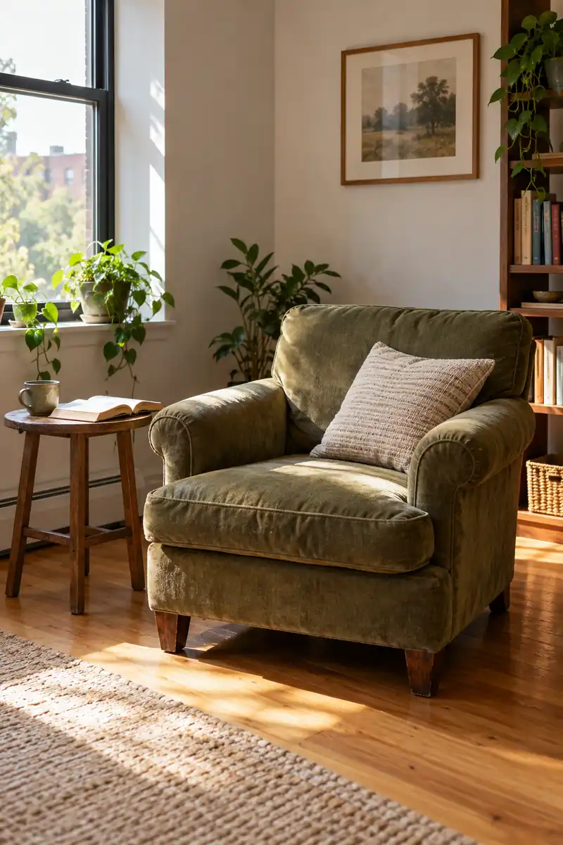 A comfortable armchair with a single cushion and a book on its nearby table.